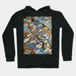 FLYING WHITE CRANES ON BLUE WATERS AND SPRING FLOWERS Gold Teal Blue Japanese Floral Hoodie